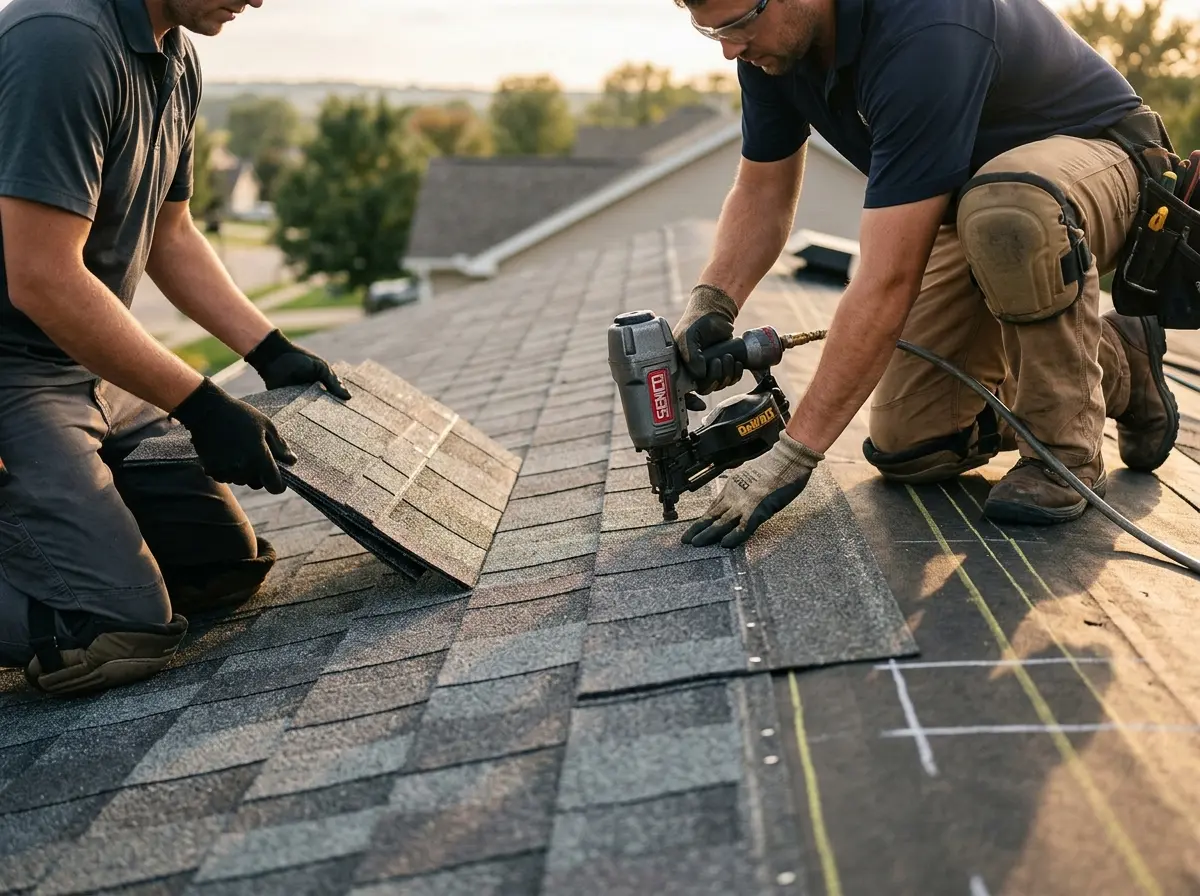 Professional roofer working on a residential roof in Alamosa
